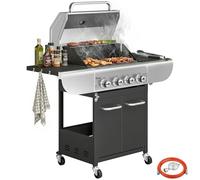 Outsunny barbacoa de gas bbq gas con 4 quemadores 12,8 kw barbacoa portátil con termómetro mesas laterales armario rejilla calentadora acero parrillas de hierro fundido recogedor grasa 4 ruedas negro 
