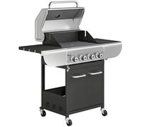Outsunny Barbacoa de Gas con 4 Quemadores 12,8 kW Termómetro Parrillas de Hierro Fundido Mesas Laterales Armario y Ruedas Negro