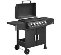 Outsunny Barbacoa de Gas con 6 Quemadores 15 kW Termómetro Parrilla Mesas Laterales Armario y Ruedas 135x51x101 cm Negro