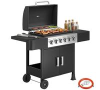 Outsunny Barbacoa de Gas BBQ Gas con 6 Quemadores 15 kW Barbacoa Portátil con Termómetro Tapa 2 Mesas Laterales Armario Rejilla Calentadora Parrilla Recogedor Grasa Asa 2 Ruedas Negro Black