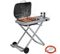 Outsunny barbacoa de gas plegable, bbq gas con quemador 2,5 kw, barbacoa portátil con termómetro, mesa lateral, parrilla de hierro fundido, recogedor grasa y 2 ruedas para jardín, camping, negro