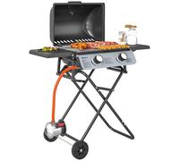 Outsunny Barbacoa de gas portátil plegable, 2 quemadores de 5,6 kW barbacoa de gas de camping con rejilla de cocina, estantes laterales, tapa, termómetro y ruedas, para camping, jardín y balcón negro