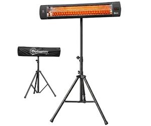 Outsunny Calefactor eléctrico infrarrojo de exterior 2500 W con funda, IP65, de pie con trípode ajustable, 3 niveles de calor, temporizador 24 h, control táctil y remoto, protección antivuelco, negro