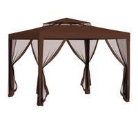Outsunny Carpa de Jardín 3x3 m Cenador Gazebo con 4 Mosquiteras Laterales Techo Doble 8 Orificios de Drenaje Marco de Metal Marrón