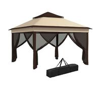 Outsunny carpa plegable 3x3x2,7 m cenador de jardín con doble techo altura ajustable 4 mosquiteras protección uv30+ impermeable y bolsa gazebo para exterior fiestas camping beige y café