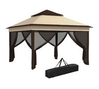 Outsunny carpa plegable 3x3x2,7 m cenador de jardín con doble techo altura ajustable 4 mosquiteras protección uv30+ impermeable y bolsa gazebo para exterior fiestas camping beige y café 272 cm