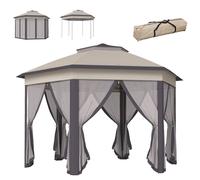 Outsunny Carpa Plegable 4x3,4 m, Cenador de Jardín Hexagonal con Doble Techo, 6 Mosquiteras Extraíbles y Bolsa de Transporte, Impermeable, Anti-UV para Exterior, Fiestas, Marrón y Beige Brown and beig