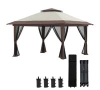 Outsunny Carpa Plegable Pop-up 4x4x2,8 m Cenador de Jardín con Paredes Altura Ajustable Anti-UV Impermeable Doble Techo Mosquiteras y Bolsa de Ruedas Gazebo para Exterior Fiestas Camping Beige Beige