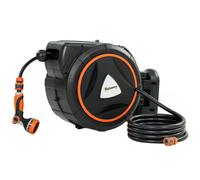 Outsunny Carrete de Manguera Retráctil 28+2 m con 12 Modos de Rociado Bloqueo Automático Retracción Controlada Soporte Naranja