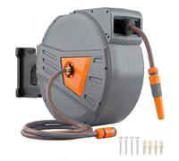 Outsunny Carrete Manguera Retráctil Mural 40+2m Naranja | Carrete de manguera jardín, autoblocante, retorno lento, soporte 180°, boquilla 2 patrones, adaptadores grifo