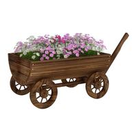 Outsunny Carrito de Madera Decorativa con 4 Ruedas y Mango, Jardinera Exterior Móvil con Orificio de Drenaje, Macetero Exterior para Cultivos, Plantas, Jardín, Terraza, 115x40x54,5 cm, Carbonizado