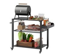 Outsunny Carrito de Parrilla de 3 Niveles Carrito de Barbacoa Carrito de Servicio con 4 Ruedas Estantes y Asa Mesa de Horno de Pizza para Jardín Patio Negro