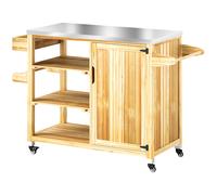 Outsunny Carrito de Parrilla de Madera con 4 Ruedas Estantes Armario y Encimera de Acero Inoxidable 134,5x50x91,5 cm Natural