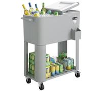 Outsunny Carrito Nevera de 76L con Ruedas, Carro de Bebidas con Estante, Abrebotellas, Recogetapas, Drenaje y 2 Asas, Mesa Nevera Jardín Exterior para Patio, Fiesta, BBQ, 92x39x81 cm, Plateado