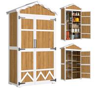 Outsunny Caseta de Jardín de Madera 105x55x179 cm Cobertizo Jardín Exterior Impermeable Armario Exterior Herramientas con Puertas 4 Estantes Extraíbles Techo Metal Galvanizado Pies Ajustables Natural