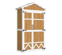 Outsunny caseta de jardín de madera 105x55x179 cm cobertizo jardín exterior impermeable armario exterior herramientas con puertas 4 estantes extraíbles techo metal galvanizado pies ajustables natural