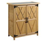 Outsunny caseta de jardín de madera, 75x40x90 cm, cobertizo jardín exterior, armario para almacenaje de herramientas, con 4 estantes, 2 puertas y techo de acero galvanizado, natural