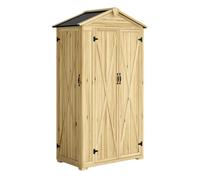 Outsunny caseta de jardín de madera 93x53x168 cm, cobertizo jardín exterior, armario exterior para herramientas con puertas bloqueables, 4 estantes, techo asfáltico inclinado y ganchos, madera natural