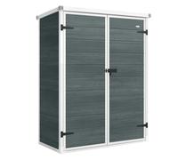 Outsunny caseta de jardín exterior, 0,81 m², 134x68,5x170 cm, cobertizo de jardín exterior de plástico y aluminio con suelo, 2 estantes plegables, puertas dobles con pestillo para herramientas, gris
