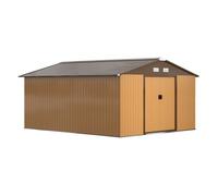 Outsunny caseta de jardín exterior, 12,4 m² 340x386x200 cm cobertizo de jardín exterior metálico con puertas dobles con cerradura kit de fundación y ventilación para almacenaje bicicletas ocre oscuro