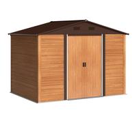 Outsunny Caseta de Jardín Exterior 4,84 m² 278x195x215 cm Cobertizo de Jardín Exterior Metálica con 2 Puertas Corredizas y 4 Ventanas para Almacenamiento de Herramientas Efecto Madera Natural y Café B