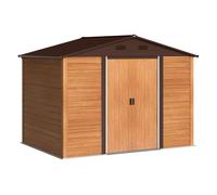 Outsunny caseta de jardín exterior 4,84 m² 278x195x215 cm cobertizo de jardín exterior metálica con 2 puertas corredizas y 4 ventanas para almacenamiento de herramientas efecto madera natural y café