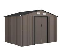 Outsunny Caseta de Jardín Exterior, 5 m² 277x195x192 cm, Cobertizo de Jardín Exterior Metálico con 2 Puertas Correderas, Base Refuerzo (Suelo NO Incluido) y 4 Ventanas, Marrón Marrón 277x195x192 cm