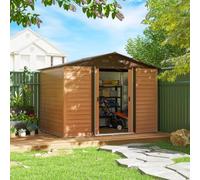 Outsunny Caseta de Jardín Exterior Metálica 4,84 m² 278x195x215 cm | Cobertizo de Jardín Exterior con 4 Ventanas y 2 Puertas Correderas para Almacenaje de Herramientas, Madera Natural y Café