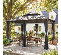Outsunny Cenador para Jardín 3x4 m, Pabellón de Jardín, Gazebo con Doble Techo, 6 Paredes Laterales, Estructura Metálica, Drenaje, Carpa para Exterior, Terraza, Patio, Gris Gris 400x300x280 cm