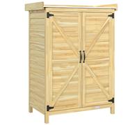 Outsunny Cobertizo de Jardín Exterior de Madera con Techo de Metal y Ganchos para Almacenaje Herramientas 71,5x39x95 cm Natural