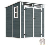 Outsunny Cobertizo herram. 2.89m² Imit. Madera 3 Ventanas 182x182x196cm | Cobertizo de jardín de plástico, puerta doble, ventilación, suelo, cerradura, guantes, para herramientas y bicicleta