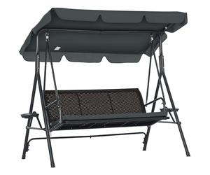 Outsunny Columpio de Jardín de 3 Plazas Banco Balancín para Exterior con Toldo Ajustable Asiento de Ratán 2 Portavasos 2 Bandejas y Marco de Acero Carga 320 kg para Terraza Patio 204x112x150 cm Gris