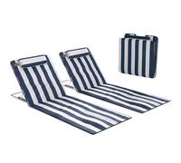 Outsunny Conjunto de 2 Esterillas de Playa Plegables, Esterillas con Respaldo Reclinable en 5 Niveles, Reposacabezas y Bolsa de Transporte, 134x48x33-43 cm, Rayas Blanco y Azul