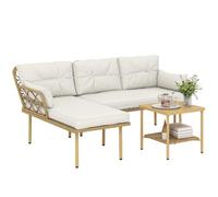 Outsunny Conjunto de Jardín de Ratán Anti-UV con Cojines para Patio Crema | Juego de 3 Piezas, Sofá Exterior Terraza, 2 Plazas + Esquinera, Mesa de Centro Metálica de 2 Niveles