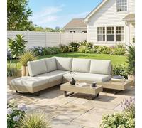 Outsunny Conjunto de Jardín de Ratán de 3 Piezas, Conjunto Terraza Resistente, Muebles Jardín Exterior Incluye Cojines, Sofá de 3 Plazas, Sofá de 2 Plazas con Mesa Lateral, Mesa Centro de Vidrio Beige
