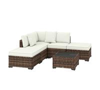 Outsunny Conjunto de Jardín de Ratán de 6 Piezas, Conjunto Terraza Resistente, Muebles Jardín Exterior Incluye Cojines, 4 Módulos de Asiento, 1 Sofá Esquinero y Mesa Centro de Vidrio, Marrón Mixto