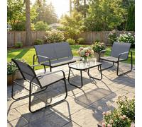 Outsunny Conjunto de Jardín Exterior de 4 Piezas, Muebles Jardín Exterior con 1 Sofá de 2 Plazas, 2 Sillones y Mesa de Vidrio Templado, Estructura de Acero y Textilene Transpirable, Gris Gris claro