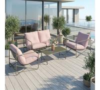 Outsunny conjunto de jardín exterior de 4 piezas, muebles jardín exterior con sofá de 2 plazas, 2 sillones, mesa de vidrio templado, cojines gruesos, para terraza, rosa 65 cm