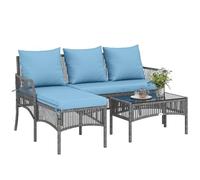 Outsunny Conjunto Muebles Jardín Exterior de Ratán 3 Piezas Cojines Azul
