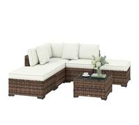 Outsunny Conjunto de Jardín de Ratán de 6 Piezas, Conjunto Terraza Resistente, Muebles Jardín Exterior Incluye Cojines, 4 Módulos de Asiento, 1 Sofá Esquinero y Mesa Centro de Vidrio, Marrón Mixto