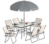 Outsunny Conjunto jardín 8 piezas: mesa vidrio templado, 6 sillas plegables, con sombrilla, crema