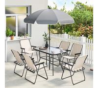 Outsunny Conjunto jardín 8 piezas: mesa vidrio templado, 6 sillas plegables, con sombrilla, crema