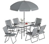 Outsunny Conjunto jardín 8 piezas – Mesa vidrio templado, 6 sillas plegables, sombrilla, gris claro