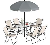 Outsunny Conjunto jardín 8 piezas: mesa vidrio templado, 6 sillas plegables, con sombrilla, crema