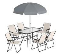 Outsunny Conjunto jardín 8 piezas: mesa vidrio templado, 6 sillas plegables, con sombrilla, crema