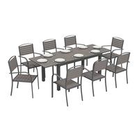 Outsunny Conjunto de Mesa y Sillas Jardín de 9 Piezas, Muebles Jardín Exterior con Mesa Extensible 150 a 225 cm, Estructura de Aluminio, 8 Sillas Apilables, Tablero de Lamas de Madera Plástica, Gris