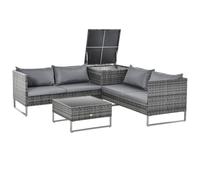 Outsunny Conjunto de Muebles de Jardín de Ratán 4 Piezas 132x69x64 cm Gris | 2 Sofás Dobles, Mesa de Centro, Mesa con Arcón, Cojines Extraíbles, Terraza Patio Exterior, Kit Sofá2 Plazas