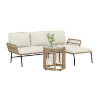 Outsunny Conjunto de Muebles de Jardín Exterior de Ratán Juego de 3 Piezas Muebles de Terraza con Sofá de 2 Plazas Chaise Longue Cojines y Mesa Auxiliar de Tablero de Vidrio para Patio Crema y Natural