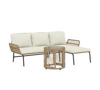 Outsunny conjunto de muebles de jardín exterior de ratán juego de 3 piezas muebles de terraza con sofá de 2 plazas chaise longue cojines y mesa auxiliar de tablero de vidrio para patio crema y natural