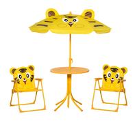 Outsunny Conjunto de Muebles de Jardín para Niños 4 piezas Diseño Tigre - Mesa Redonda + 2 Sillas Plegables + Parasol - metal epoxi Oxford Amarillo